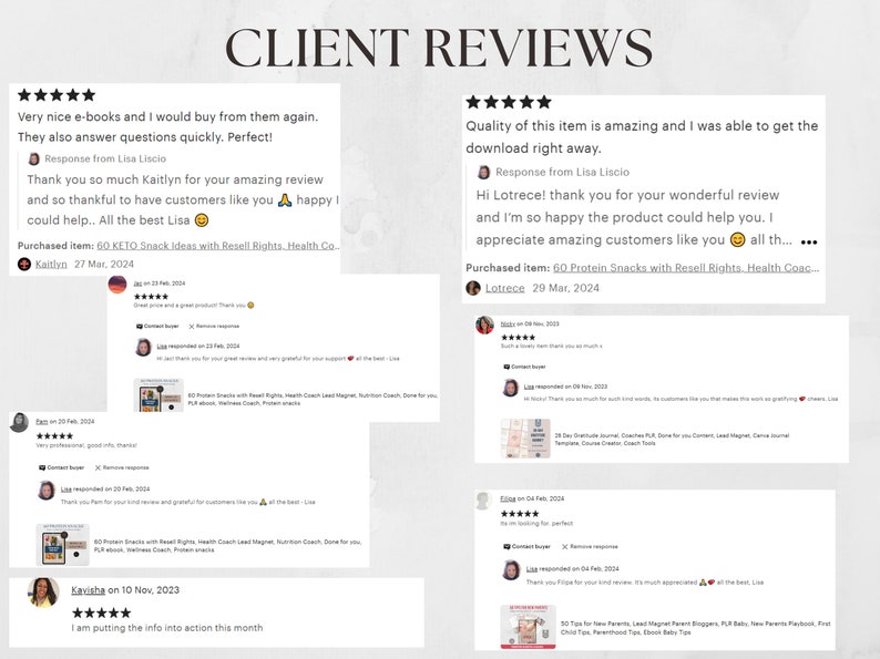 May include: Screenshots of five customer reviews for a digital product. Each review includes a five-star rating, a comment from the customer, a response from the seller, and the name of the product purchased. The reviews are positive and highlight the quality of the product and the seller's responsiveness.