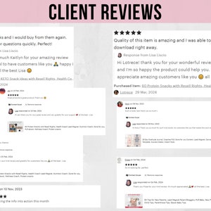 May include: A pink and white background with three client reviews for a digital product. The reviews are all positive and include the name of the customer, the date of the review, and the product purchased. The reviews are all five stars.