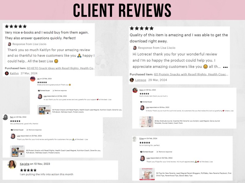 May include: A pink and white background with three client reviews for a digital product. The reviews are all positive and include the name of the customer, the date of the review, and the product purchased. The reviews are all five stars.