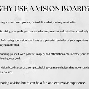 May include: A text-based image with the title "WHY USE A VISION BOARD?" and a list of five reasons why using a vision board is beneficial. The reasons include defining goals, visualizing goals, acting as a reminder, surrounding yourself with positive imagery, and serving as a compass.