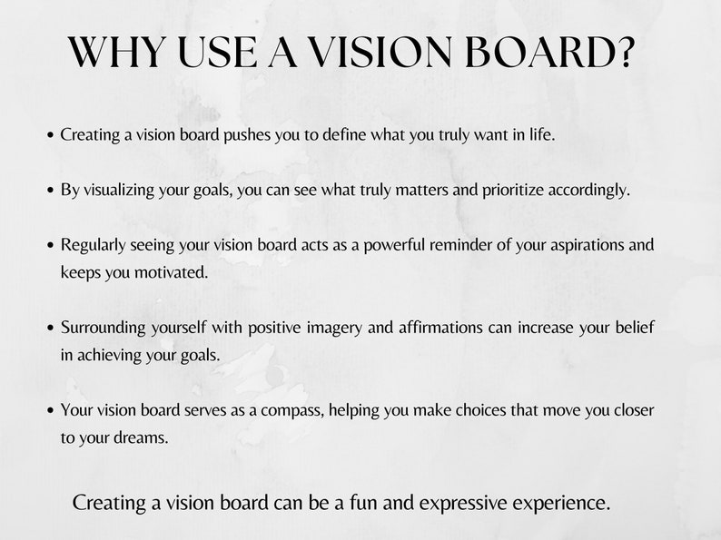 May include: A text-based image with the title "WHY USE A VISION BOARD?" and a list of five reasons why using a vision board is beneficial. The reasons include defining goals, visualizing goals, acting as a reminder, surrounding yourself with positive imagery, and serving as a compass.