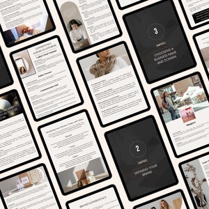 May include: A collection of digital tablets displaying various chapters of a guide on creating a strong brand. The chapters include "Defining Your Brand", "Choosing a Business Name and Domain", "Creating a Distinctive Logo", and "How a Strong Brand Contributes to Business Success".