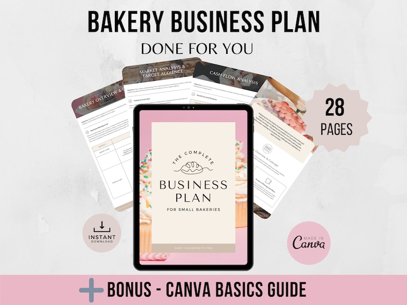 May include: A pink and white digital tablet displaying a bakery business plan template with the text "The Complete Business Plan for Small Bakeries". The tablet is surrounded by other pages of the business plan template, including sections for market analysis, target audience, and cash flow analysis. The image also includes a pink circle with the text "28 Pages" and a pink circle with the text "Made in Canva".