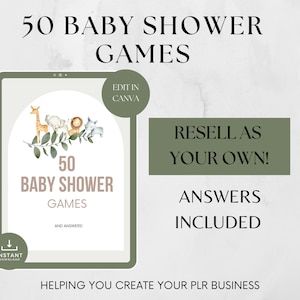 Puede incluir: Una descarga digital de 50 juegos de baby shower con respuestas incluidas. La portada presenta una ilustración de acuarela de una jirafa, un elefante, un león y una cebra con hojas verdes. El texto "50 Baby Shower Games and Answers" se muestra sobre un fondo beige.