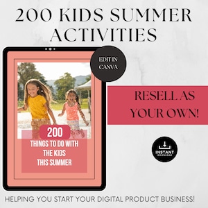 Op de afbeelding: Een digitale productmockup op een tabletscherm met een roze achtergrond. De tekst op het scherm luidt "200 DINGEN OM MET DE KINDEREN TE DOEN DEZE ZOMER". De tekst "200 KINDER ZOMERACTIVITEITEN" staat bovenaan de afbeelding. De tekst "HERVERKOPEN ALS JE EIGEN!" staat in een roze vakje rechtsonder in de afbeelding. De tekst "BEWERKEN IN CANVA" staat in een zwarte cirkel rechtsboven in de afbeelding.