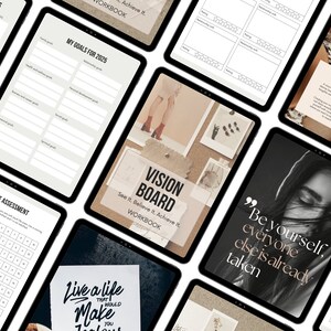 May include: A digital tablet displaying a vision board workbook with the text "See it. Believe it. Achieve it." and a collage of images on a corkboard background. The workbook is titled "Vision Board Workbook".