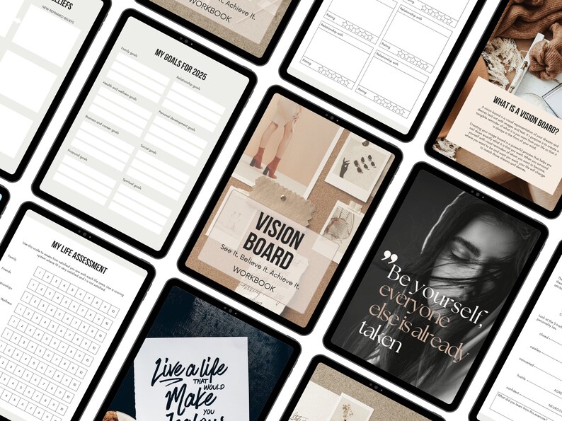 May include: A digital tablet displaying a vision board workbook with the text "See it. Believe it. Achieve it." and a collage of images on a corkboard background. The workbook is titled "Vision Board Workbook".