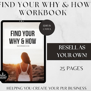 May include: A digital tablet displaying a black and white workbook cover with the text "Find Your Why & How Workbook". The cover features a woman standing on a beach at sunset. The text "Edit in Canva" is in a circle on the tablet screen. The text "Resell as Your Own!" and "25 Pages" are below the tablet. The text "Helping You Create Your PLR Business" is at the bottom of the image.