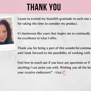 May include: A woman with curly brown hair smiles at the camera in a photo. The text reads "THANK YOU. I want to extend my heartfelt gratitude to each one of you for taking the time to consider my product. It's businesses like yours that inspire me to continually strive for excellence in what I offer. Thank you for being a part of this wonderful community, and I look forward to the possibility of working with you. Feel free to reach out if you have any questions or if there's anything I can assist you with. Wishing you all the best in your creative endeavors! - Lisa"