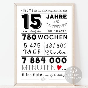 15 Geburtstag Mädchen 15 Geburtstag Junge Minuten, Stunden, Tage, Monate, Jahre Geburtstag Poster Sofort Download ZUM AUSDRUCKEN Bild 1