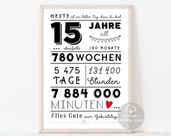 15 Geburtstag Mädchen | 15 Geburtstag Junge | Minuten, Stunden, Tage, Monate, Jahre Geburtstag | Poster | Sofort Download | ZUM AUSDRUCKEN