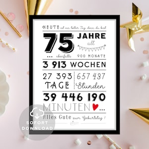 75. Geburtstag Mann 75. Geburtstag Frau Minuten, Stunden, Tage, Monate, Jahre Geburtstag Sofort Download ZUM AUSDRUCKEN Bild 3