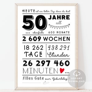 50 Geburtstag Poster | Minuten, Stunden, Tage, Monate, Jahre Geburtstag | 50. Geburtstag Deko-Karte |  Sofort Download | ZUM AUSDRUCKEN