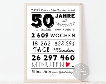 50 Geburtstag Poster | Minuten, Stunden, Tage, Monate, Jahre Geburtstag | 50. Geburtstag Deko-Karte |  Sofort Download | ZUM AUSDRUCKEN