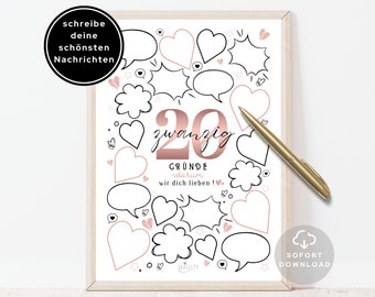 20 Geburtstag Karte Rosa | FRAU | Poster 20 Gründe, warum wir dich lieben | Personalisiertes Geschenk | Sofort Download | ZUM AUSDRUCKEN
