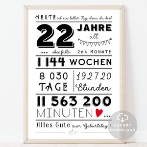 22 Geburtstag Poster | Minuten, Stunden, Tage, Monate, Jahre Geburtstag | 22. Geburtstag Deko-Karte |  Sofort Download | ZUM AUSDRUCKEN