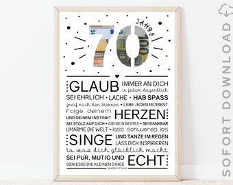 70 Geburtstag Geldgeschenk für Mann und Frau | Minimalistisches Bild mit ermutigenden Worten | Sofort download | ZUM AUSDRUCKEN