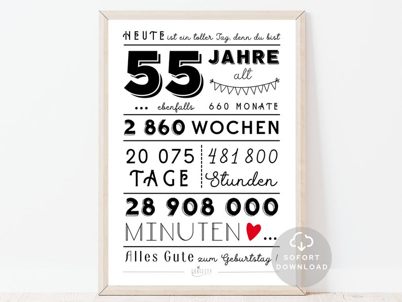 55 Geburtstag Bild Minuten, Stunden, Tage, Monate, Jahre Geburtstag 55. Geburtstag Deko-Karte Sofort Download ZUM AUSDRUCKEN afbeelding 1