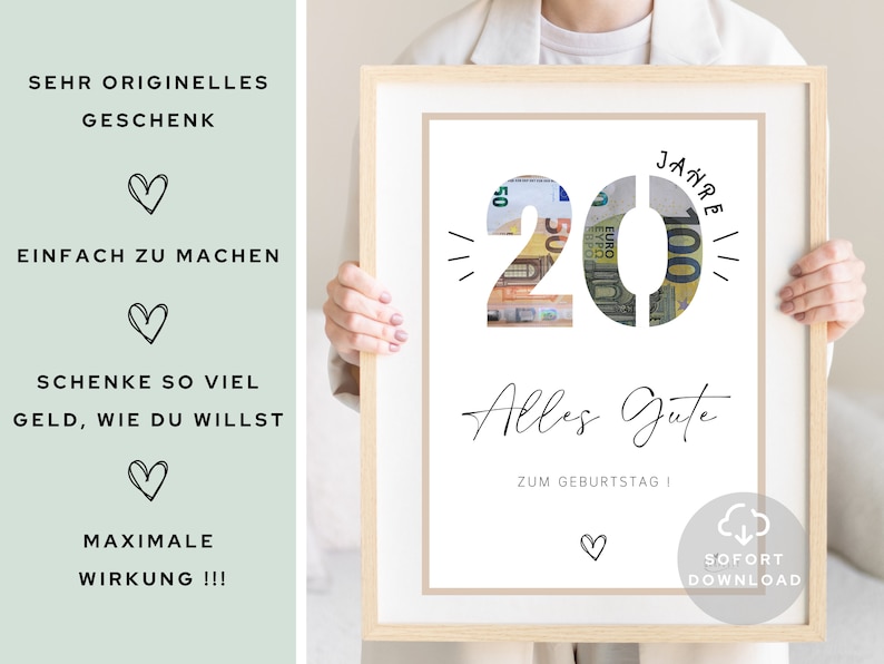 20 Geburtstag Geldgeschenk Geldverpackung für Geburtstag Geschenk mit Geld Geld 20 Geburtstag Sofort Download ZUM AUSDRUCKEN zdjęcie 3