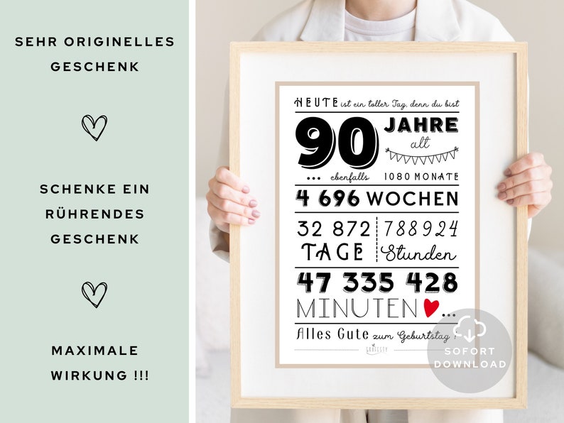 90 Geburtstag Poster Minuten, Stunden, Tage, Monate, Jahre Geburtstag 90. Geburtstag Deko-Karte Sofort Download ZUM AUSDRUCKEN Bild 2