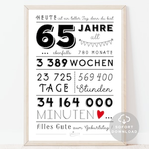 65. Geburtstag Mann | 65. Geburtstag Frau | Minuten, Stunden, Tage, Monate, Jahre Geburtstag | Sofort Download | ZUM AUSDRUCKEN