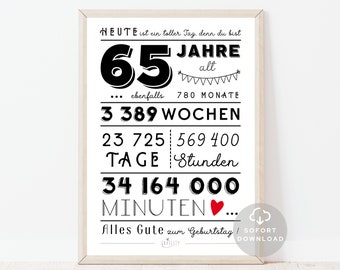 65. Geburtstag Mann | 65. Geburtstag Frau | Minuten, Stunden, Tage, Monate, Jahre Geburtstag | Sofort Download | ZUM AUSDRUCKEN