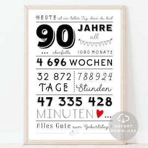 90 Geburtstag Poster | Minuten, Stunden, Tage, Monate, Jahre Geburtstag | 90. Geburtstag Deko-Karte |  Sofort Download | ZUM AUSDRUCKEN