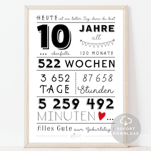 10 Geburtstag Poster Minuten, Stunden, Tage, Monate, Jahre Geburtstag 10. Geburtstag Deko-Karte Sofort Download ZUM AUSDRUCKEN Bild 1