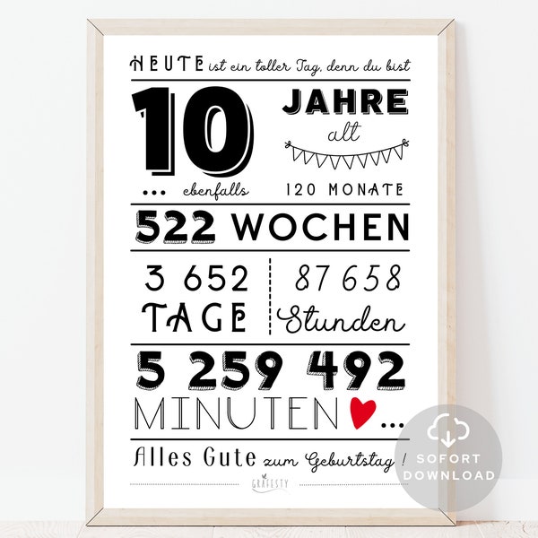 10 Geburtstag Poster | Minuten, Stunden, Tage, Monate, Jahre Geburtstag | 10. Geburtstag Deko-Karte |  Sofort Download | ZUM AUSDRUCKEN