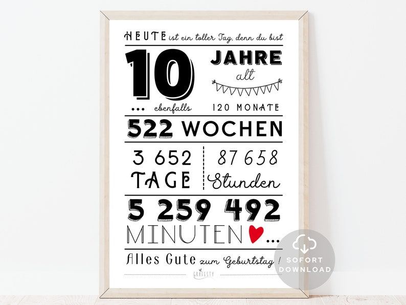 10 Geburtstag Poster Minuten, Stunden, Tage, Monate, Jahre Geburtstag 10. Geburtstag Deko-Karte Sofort Download ZUM AUSDRUCKEN Bild 1