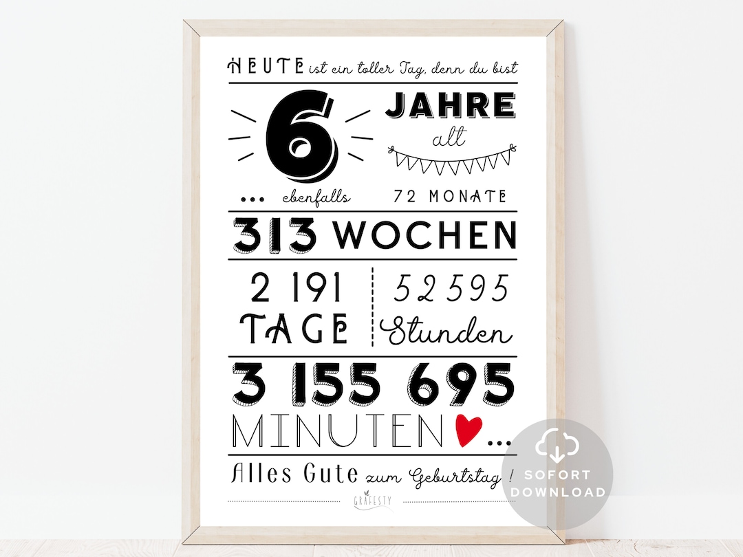 6 Geburtstag Poster Minuten, Stunden, Tage, Monate, Jahre Geburtstag 6