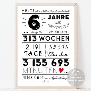 6 Geburtstag Poster | Minuten, Stunden, Tage, Monate, Jahre Geburtstag | 6. Geburtstag Deko-Karte | Sofort Download | ZUM AUSDRUCKEN