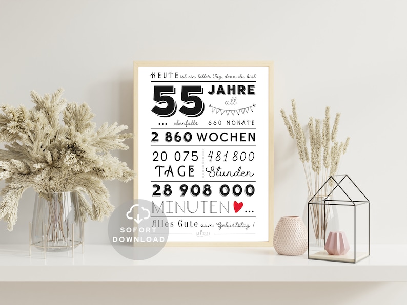 55 Geburtstag Bild Minuten, Stunden, Tage, Monate, Jahre Geburtstag 55. Geburtstag Deko-Karte Sofort Download ZUM AUSDRUCKEN afbeelding 4