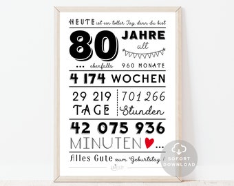 May include: Black and white printable poster with the text "HEUTE ist ein toller Tag, denn du bist 80 JAHRE alt... ebenfalls 960 MONATE 4 174 WOCHEN 29 219 701 266 TAGE Stunden 42 075 936 MINUTEN... Alles Gute zum Geburtstag / SOFORT DOWNLOAD". A red heart is next to the text "MINUTEN".