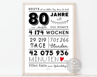 80 Geburtstag Poster | Minuten, Stunden, Tage, Monate, Jahre Geburtstag | 80. Geburtstag Deko-Karte |  Sofort Download | ZUM AUSDRUCKEN