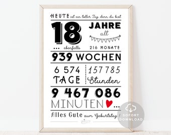 18 Geburtstag Poster | Minuten, Stunden, Tage, Monate, Jahre Geburtstag | 18. Geburtstag Deko-Karte |  Sofort Download | ZUM AUSDRUCKEN