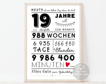 19. Geburtstag Mann | 19. Geburtstag Frau | Minuten, Stunden, Tage, Monate, Jahre Geburtstag | Poster | Sofort Download | ZUM AUSDRUCKEN