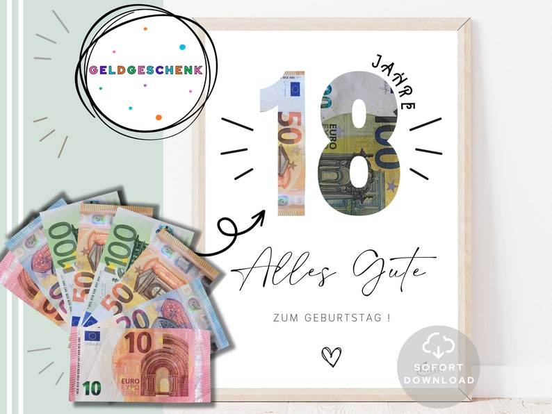 18 Geburtstag Geldgeschenk Geldverpackung für Geburtstag Geschenk mit Geld Geld 18 Geburtstag Sofort Download ZUM AUSDRUCKEN Bild 2