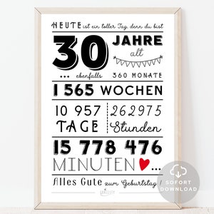 30 Geburtstag Poster | Minuten, Stunden, Tage, Monate, Jahre Geburtstag | 30. Geburtstag Deko-Karte |  Sofort Download | ZUM AUSDRUCKEN