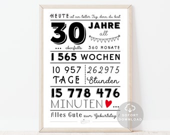 30 Geburtstag Poster | Minuten, Stunden, Tage, Monate, Jahre Geburtstag | 30. Geburtstag Deko-Karte |  Sofort Download | ZUM AUSDRUCKEN