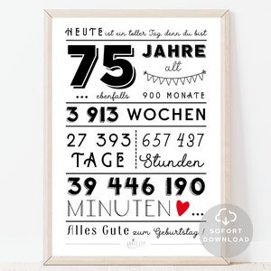 75. Geburtstag Mann 75. Geburtstag Frau Minuten, Stunden, Tage, Monate, Jahre Geburtstag Sofort Download ZUM AUSDRUCKEN Bild 1