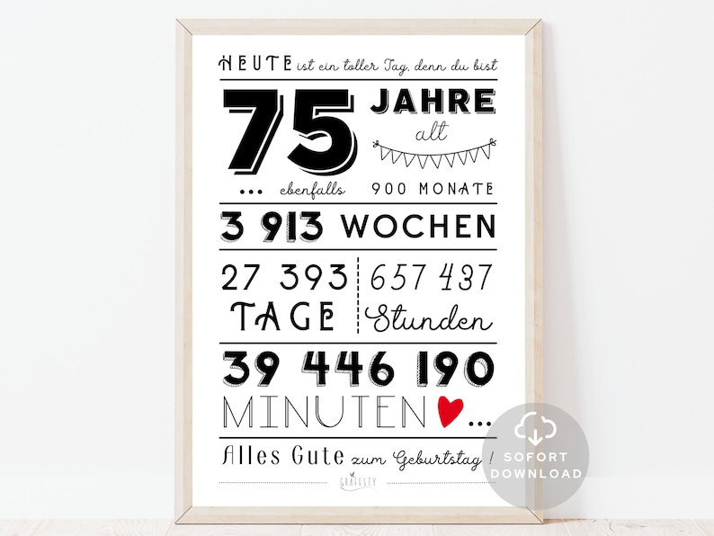 75. Geburtstag Mann 75. Geburtstag Frau Minuten, Stunden, Tage, Monate, Jahre Geburtstag Sofort Download ZUM AUSDRUCKEN Bild 1