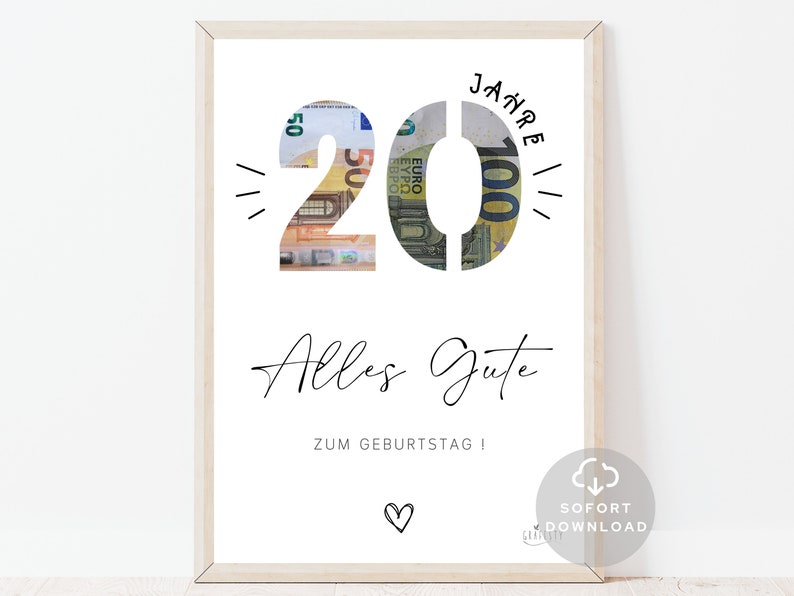 20 Geburtstag Geldgeschenk Geldverpackung für Geburtstag Geschenk mit Geld Geld 20 Geburtstag Sofort Download ZUM AUSDRUCKEN image 1