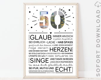 50 Geburtstag Geldgeschenk für Mann und Frau | Minimalistisches Bild mit ermutigenden Worten | Sofort download | ZUM AUSDRUCKEN