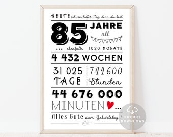 85 Geburtstag Poster | Minuten, Stunden, Tage, Monate, Jahre Geburtstag | 85. Geburtstag Deko-Karte |  Sofort Download | ZUM AUSDRUCKEN