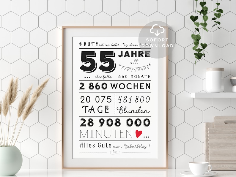 55 Geburtstag Bild Minuten, Stunden, Tage, Monate, Jahre Geburtstag 55. Geburtstag Deko-Karte Sofort Download ZUM AUSDRUCKEN afbeelding 7