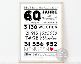 60 Geburtstag Poster | Minuten, Stunden, Tage, Monate, Jahre Geburtstag | 60. Geburtstag Deko-Karte |  Sofort Download | ZUM AUSDRUCKEN