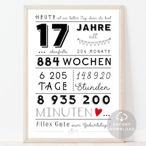 17. Geburtstag Mädchen | 17. Geburtstag Junge | Minuten, Stunden, Tage, Monate, Jahre Geburtstag | Poster | Sofort Download | ZUM AUSDRUCKEN