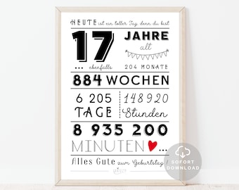 17. Geburtstag Mädchen | 17. Geburtstag Junge | Minuten, Stunden, Tage, Monate, Jahre Geburtstag | Poster | Sofort Download | ZUM AUSDRUCKEN