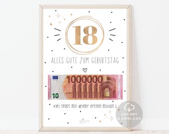 Geldgeschenk Geburtstag 18 | Geldgeschenk Geburtstag deine erste million | Geschenk mit Geld | Sofort Download | ZUM AUSDRUCKEN